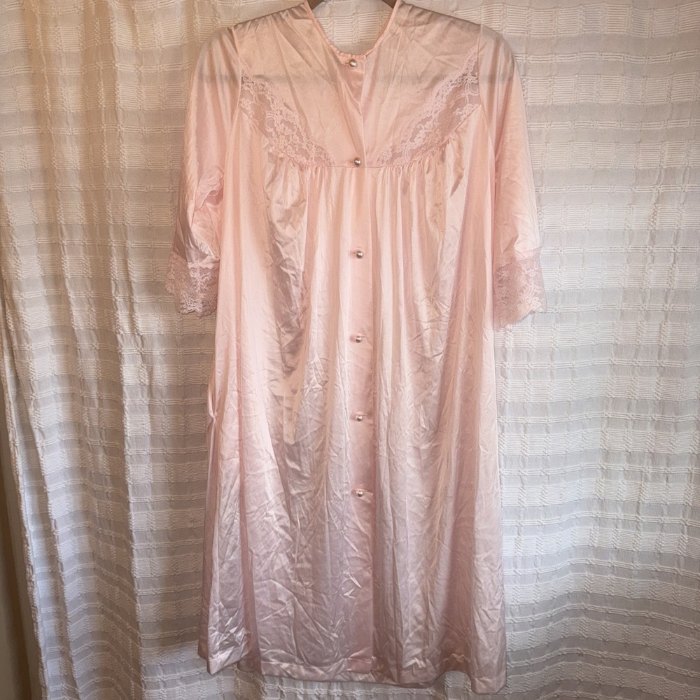 Vintage Shadowline Robe Womens Med Pink Nylon‎ Lace Trim Lingerie Coquette